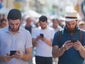 Israelis looking at their phones as they walk